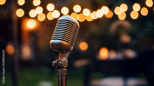 Shiny silver vintage microphone captured with glowing bokeh lights in background : Generative AI