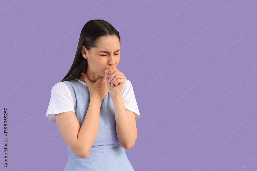Young woman suffering from sore throat on lilac background Young woman suffering from sore throat on lilac background