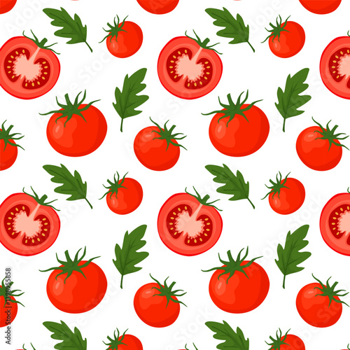 Seamless pattern with red tomato and leaf. Ripe juicy fresh tomato on white background. Vector flat background with vegetables. For web, printing on paper, packaging and surfaces.