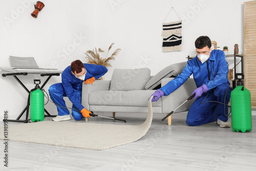 Male workers disinfecting f...