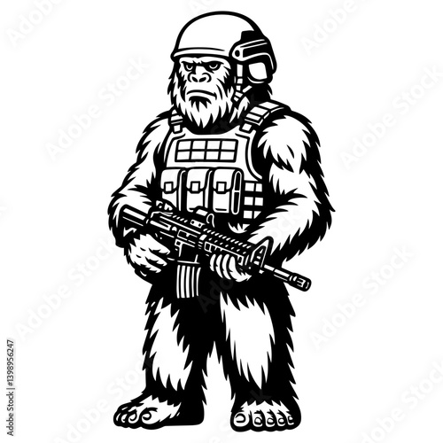 Modern soldier yeti with a tactical helmet and rifle. Black and white line art 