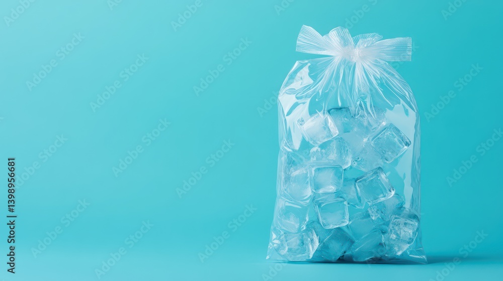 Clear Bag of Ice Cubes on Turquoise Background Clear Bag of Ice Cubes on Turquoise Background