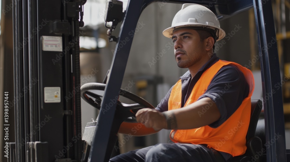 A Hispanic construction worker operating a forklift at a construction site. Featuring skill and attention A Hispanic construction worker operating a forklift at a construction site. Featuring skill and attention