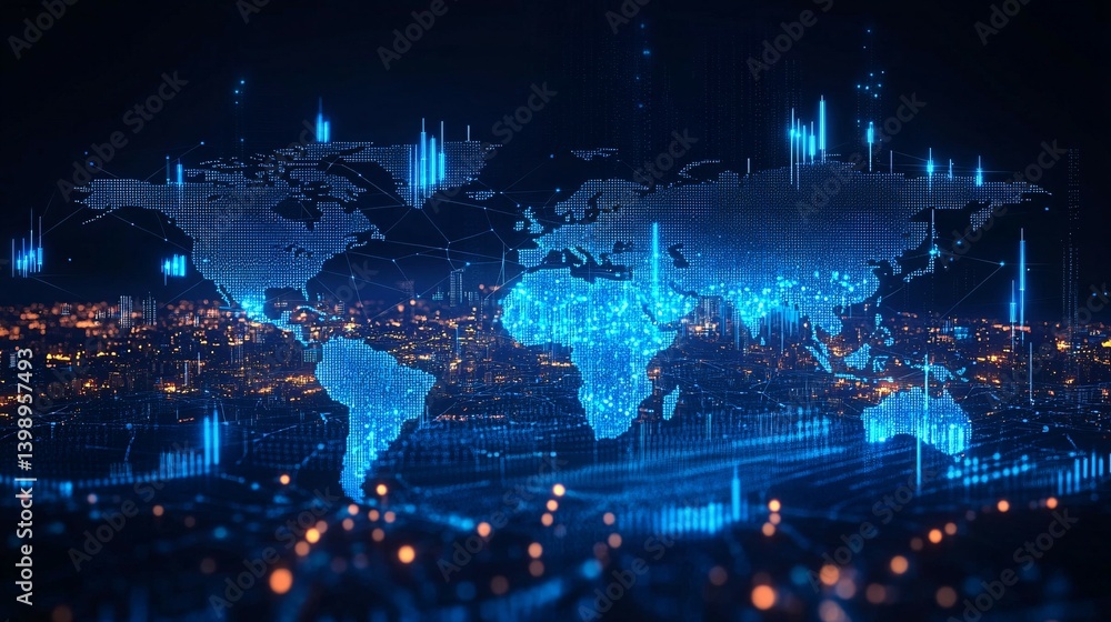 Fototapeta premium World map digital overlay on cityscape with glowing lights and blue accents.