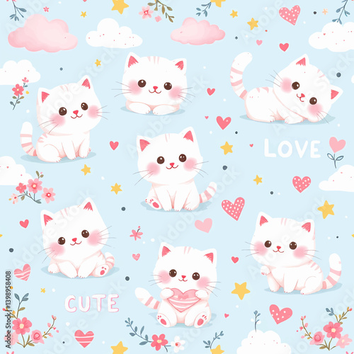 Wallpaper Mural Illustration of cute white kittens with hearts and stars on a blue background Torontodigital.ca