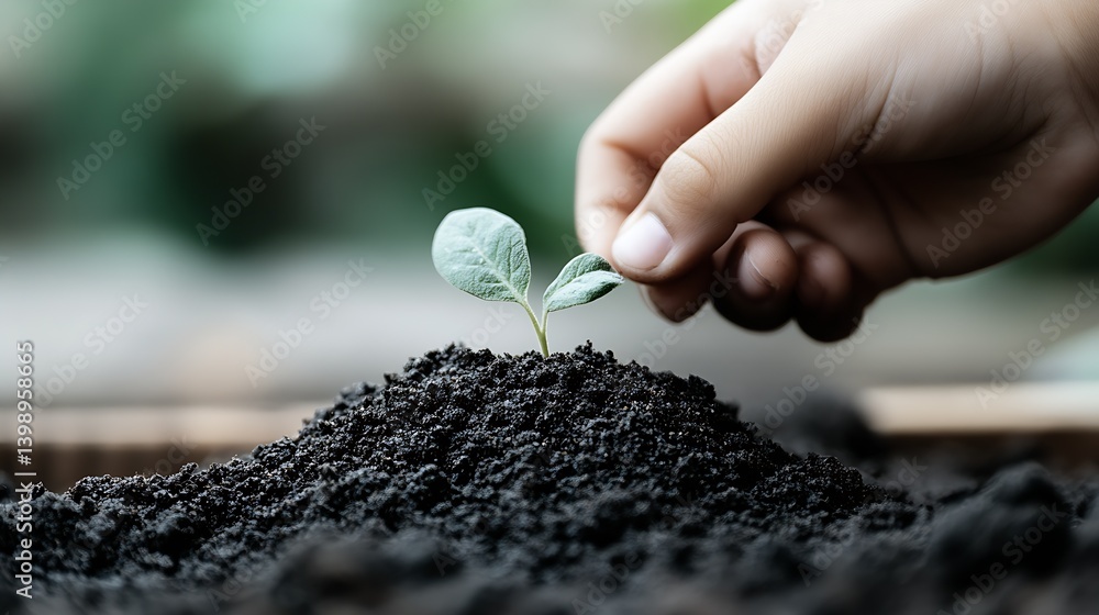 Gentle hand touching a young plant shows the essence of care and growth : Generative AI