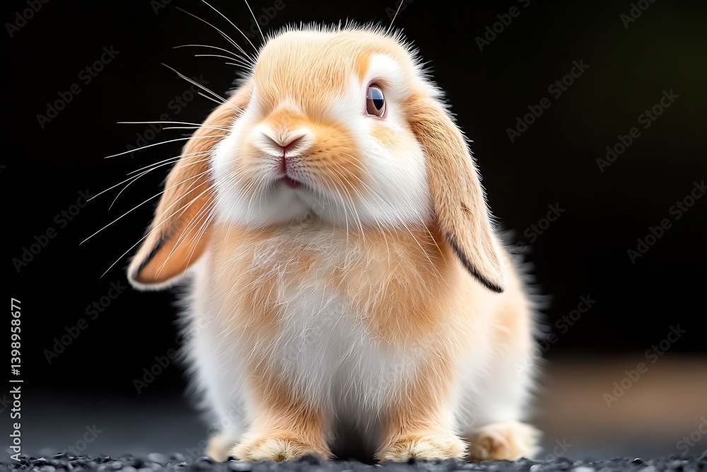 Charming closeup of a playful fluffy bunny with a curious look and bright eyes on a dark surface : Generative AI