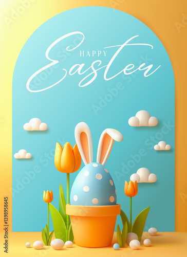 Happy Easter Greetings. Easter Egg with Bunny Ears. Happy easter banner design. Easter card. Happy Easter background of easter eggs. Easter poster. Easter banner on yellow background. Easter Greeting
