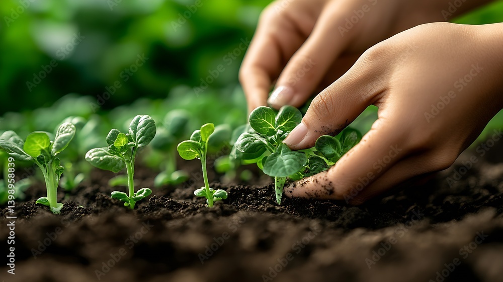 Hands gently handling vibrant green spinach seedlings in fertile soil : Generative AI