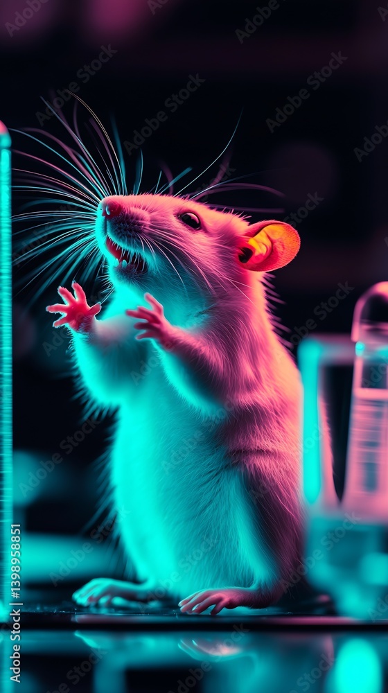 Intriguing perspective of a curious rat with vivid neon colors highlighting its playful nature and surroundings : Generative AI
