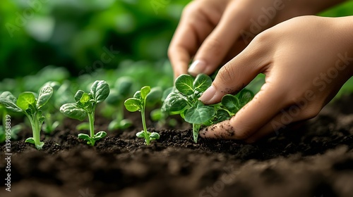 Hands gently handling vibrant green spinach seedlings in fertile soil : Generative AI