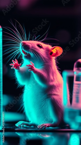 Intriguing perspective of a curious rat with vivid neon colors highlighting its playful nature and surroundings : Generative AI