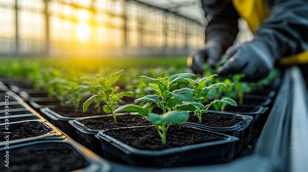 Dedicated gardener tending to young plants in a greenhouse during sunset hours for optimal growth : Generative AI