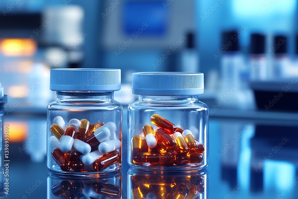 Two glass jars filled with assorted pills placed on a reflective surface in a modern laboratory environment : Generative AI