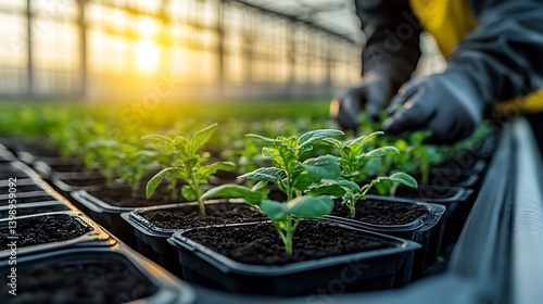 Obraz na płótnie Dedicated gardener tending to young plants in a greenhouse during sunset hours for optimal growth : Generative AI w salonie