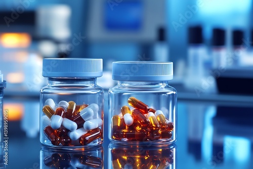 Obraz na płótnie Two glass jars filled with assorted pills placed on a reflective surface in a modern laboratory environment : Generative AI w salonie