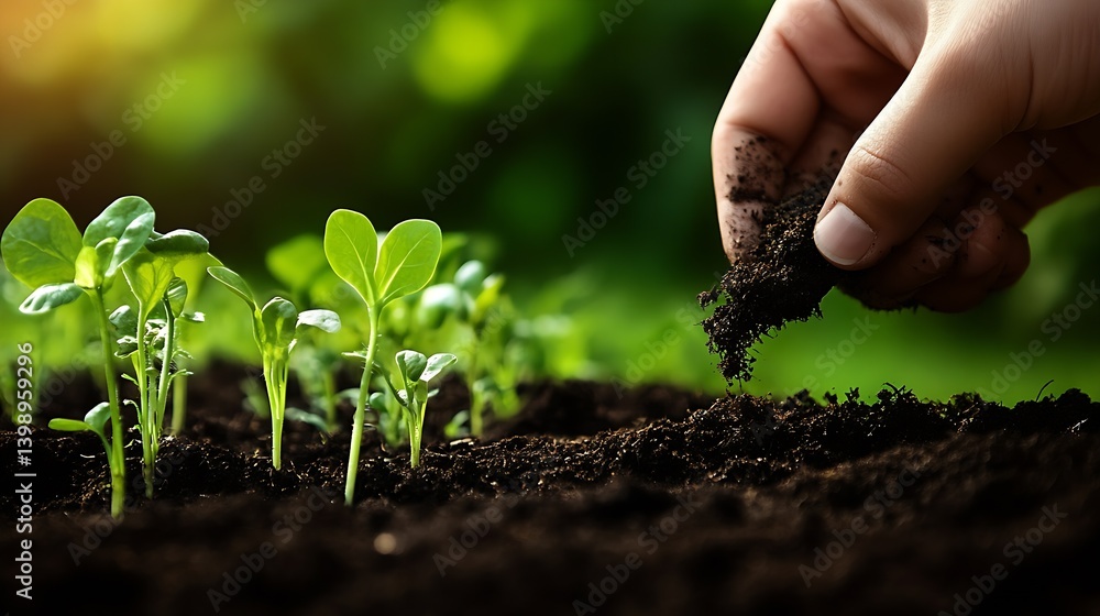 Gardener nurturing young plants by adding soil, emphasizing eco-friendly growth in a lush garden setting : Generative AI