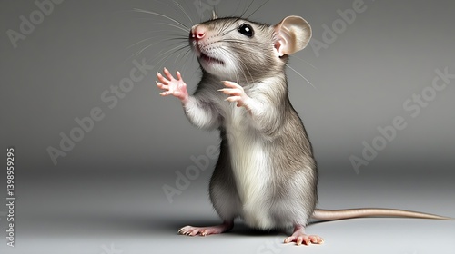 Friendly and inquisitive small rat captured in a classic upright pose showcasing its adorable features on gray : Generative AI