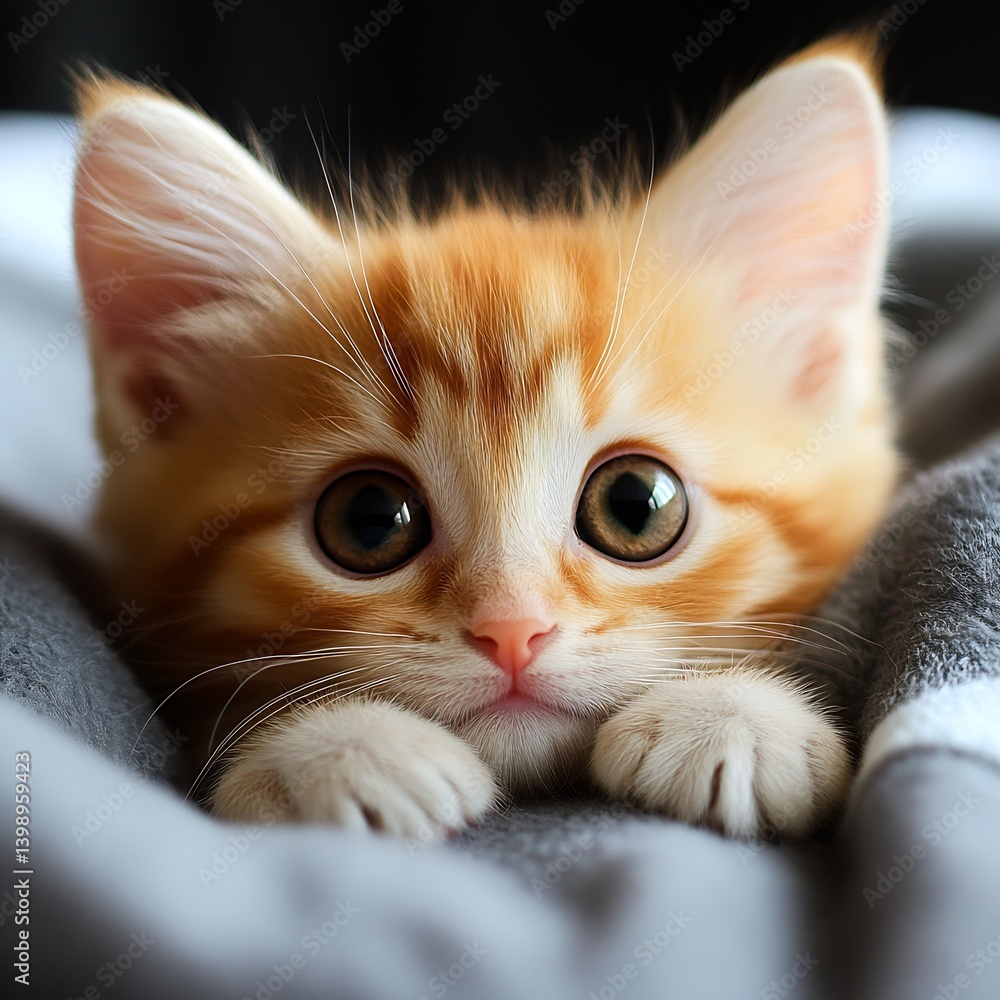 Cuddly Orange Tabby Kitten with a Curious Expression on a Soft Blanket : Generative AI