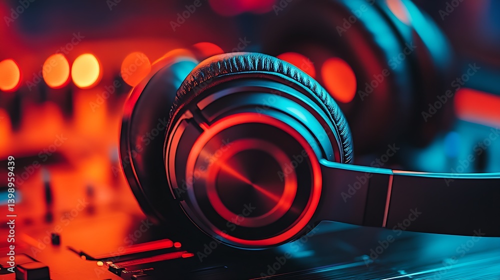 Close up of high quality headphones against a vibrant colorful background highlighting the dynamic music environment : Generative AI