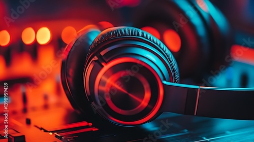 Obraz na płótnie Close up of high quality headphones against a vibrant colorful background highlighting the dynamic music environment : Generative AI w salonie