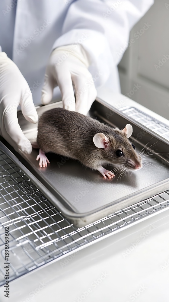 Close view of a mouse being examined in a laboratory environment by a technician in gloves : Generative AI