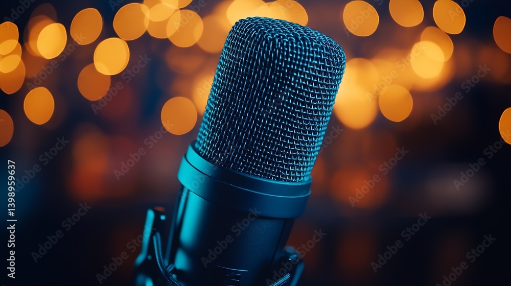 High definition microphone with detailed focus surrounded by sparkling background lights illustrating music production and vocal performance : Generative AI