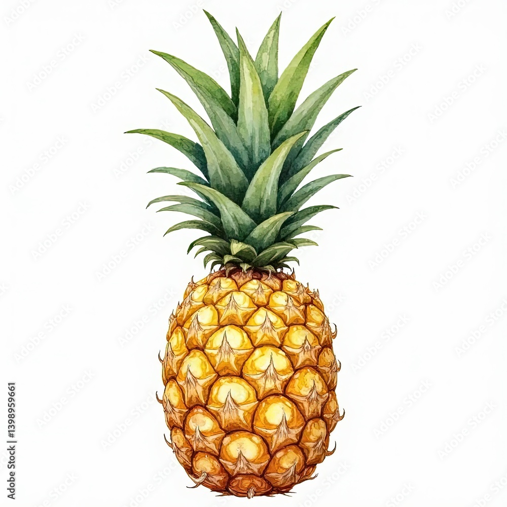 Botanical watercolor illustration of a whole pineapple with spiky green crown, isolated on white background. Botanical watercolor illustration of a whole pineapple with spiky green crown, isolated on white background.