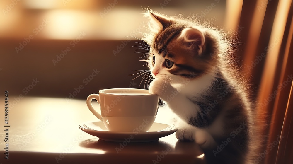 Charming Kitten Curiously Gazing at a Cup of Coffee on a Table in Warm Light : Generative AI