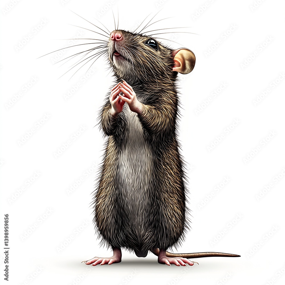 Detailed image of an attentive brown rat standing upright with its paws together in a cute pose : Generative AI