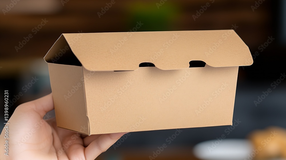Brown cardboard box held in hand ideal for takeout meals showcasing a clean design in a stylish eatery : Generative AI