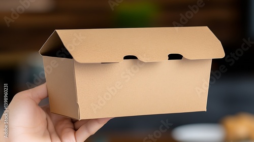 Obraz na płótnie Brown cardboard box held in hand ideal for takeout meals showcasing a clean design in a stylish eatery : Generative AI w salonie
