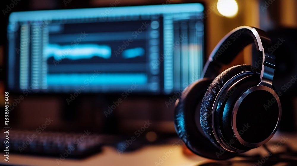Modern headphones resting on a desk with a computer displaying audio tracks in the background : Generative AI