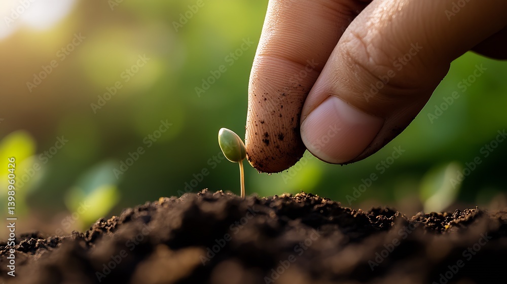 Close Up of a Finger Gently Placing a Seed into Dark Rich Soil for Optimal Growth : Generative AI