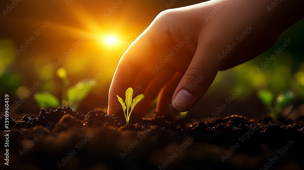 Hand carefully tending to young plants in soil with golden sunlight illuminating the scene : Generative AI