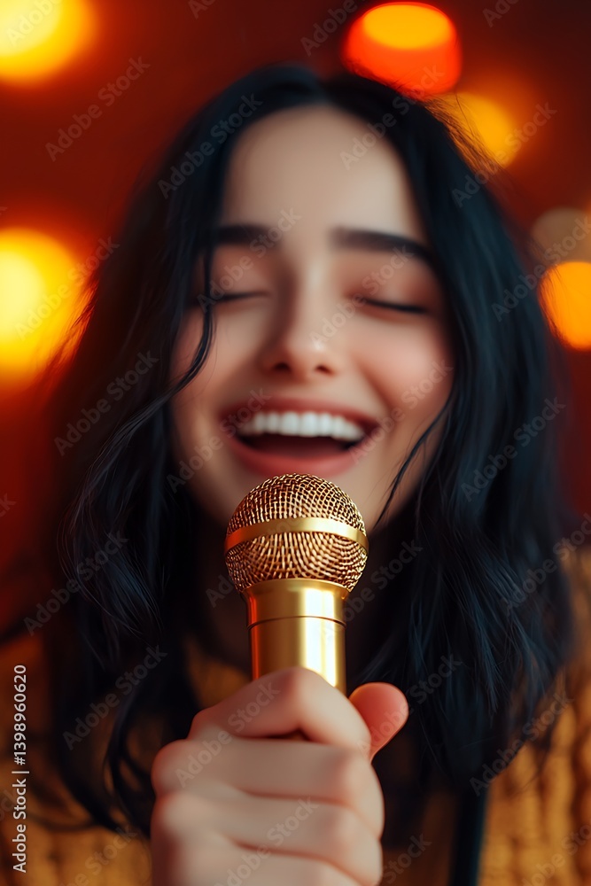 Smiling woman enjoying singing into a golden microphone with soft warm lights creating a cozy atmosphere : Generative AI