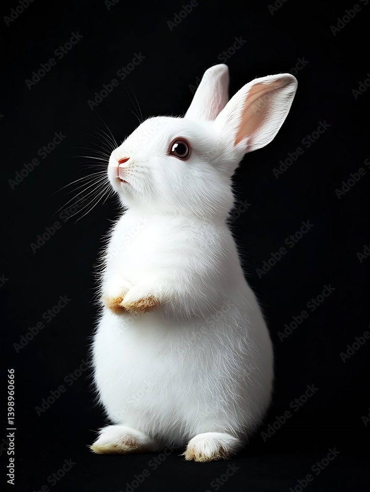 Charming fluffy white bunny in an upright position with a curious gaze set against a dark backdrop : Generative AI