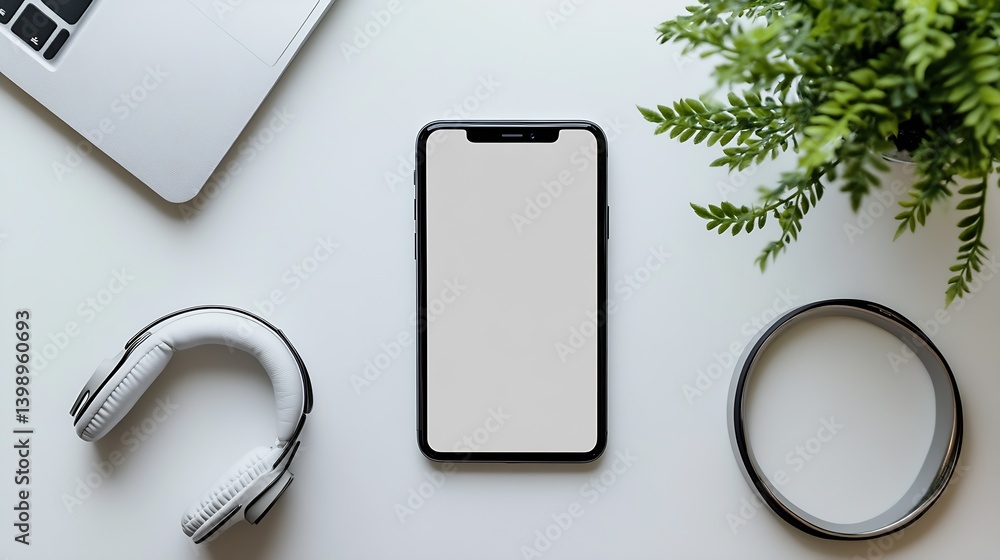 Stylish Flat Lay of a Black Smartphone Headphones and Notebook on Sleek Desk : Generative AI