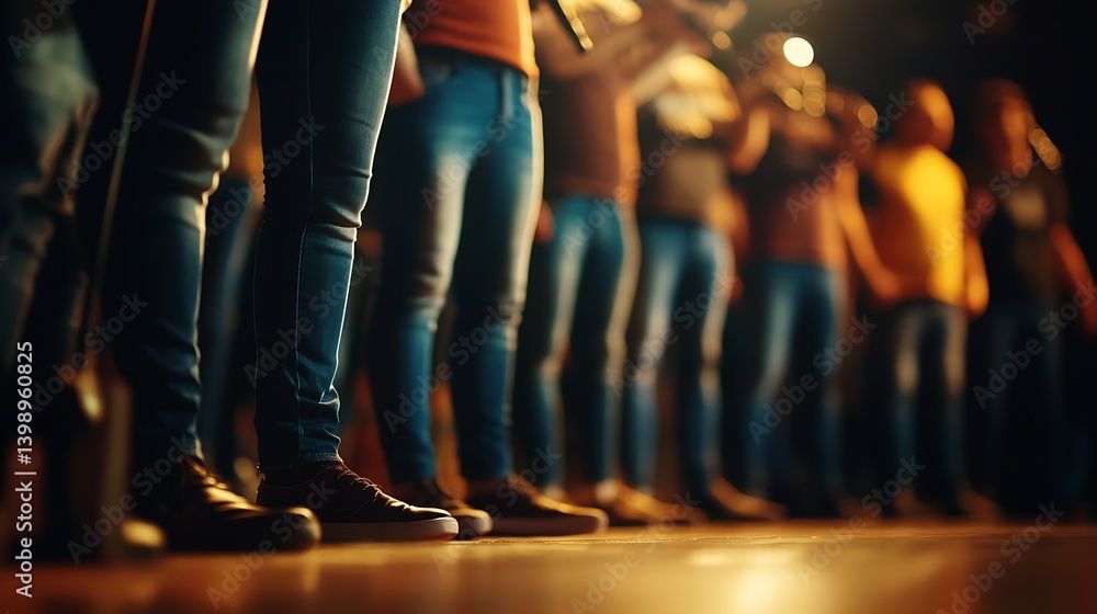 Energetic Group of Singers on Stage Showcasing Their Passion Through Dynamic Leg Positions and Movement : Generative AI