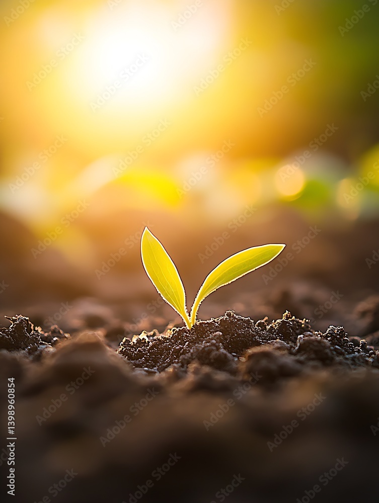 Single sprout with elongated leaf rising from dark fertile soil illuminated by warm sunlight : Generative AI