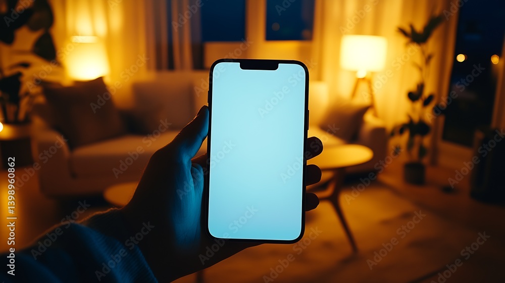 Smartphone in hand displaying a blank screen in an elegantly lit living space during nighttime : Generative AI