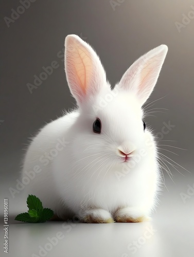 Charming white rabbit with soft fur and green mint leaf on studio setting background : Generative AI