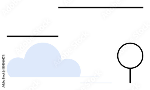Cloud overlaps horizon with a circular minimalist tree and clean horizontal lines. Ideal for simplicity, abstraction, web design, nature concepts, calmness, minimalism, flat simple metaphor