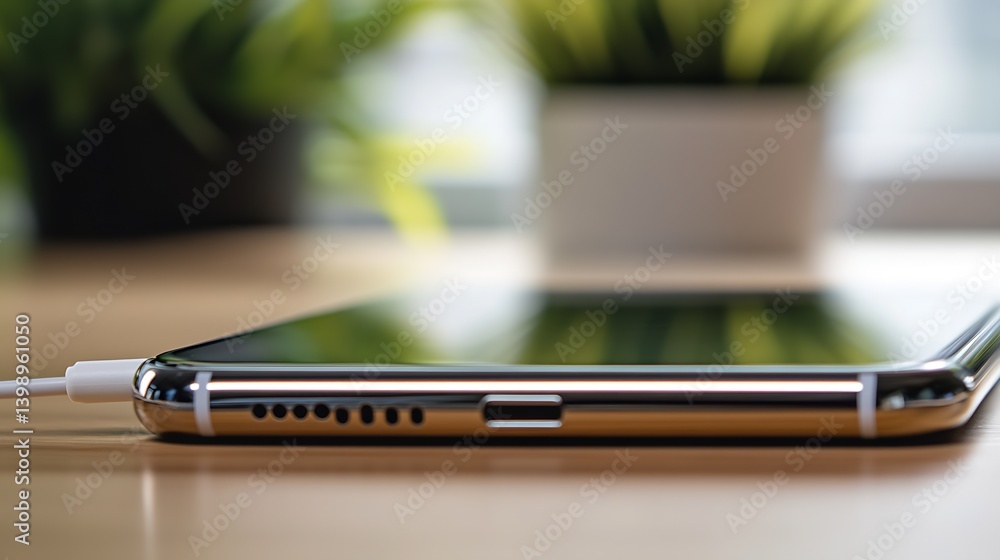 Side view of a smartphone with charging port and cable connected on a wooden table with plant backdrop : Generative AI