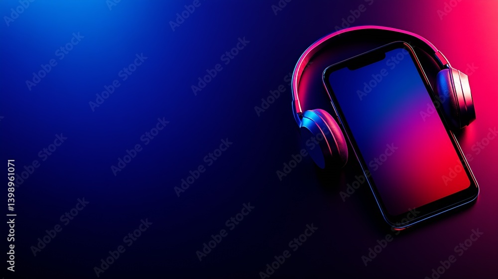 Stylish smartphone with headphones on gradient background showcasing modern digital lifestyle trends : Generative AI