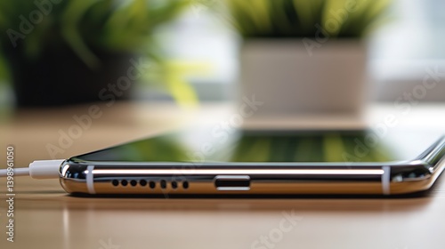Obraz na płótnie Side view of a smartphone with charging port and cable connected on a wooden table with plant backdrop : Generative AI w salonie