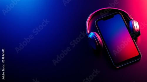 Obraz na płótnie Stylish smartphone with headphones on gradient background showcasing modern digital lifestyle trends : Generative AI w salonie