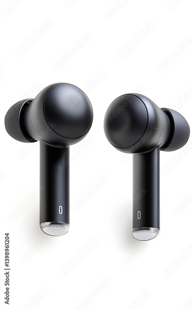 Two sleek black wireless earbuds resting on a polished surface demonstrating elegant audio accessory : Generative AI
