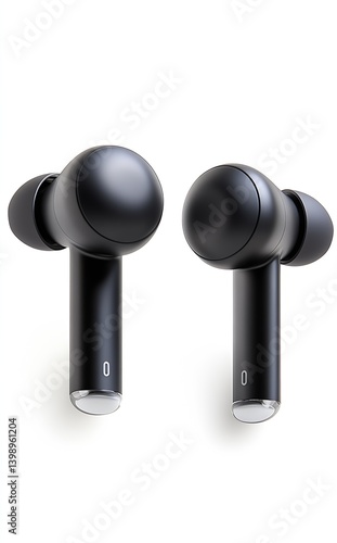 Obraz na płótnie Two sleek black wireless earbuds resting on a polished surface demonstrating elegant audio accessory : Generative AI w salonie