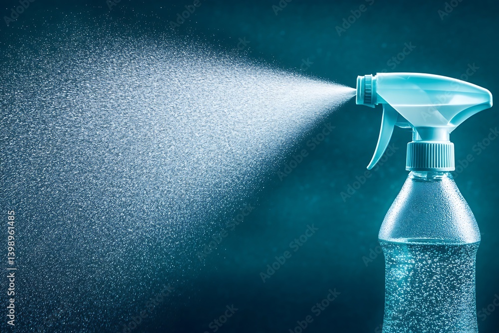 Crystal clear spray bottle with mist on a vibrant background for cleaning and sanitizing : Generative AI
